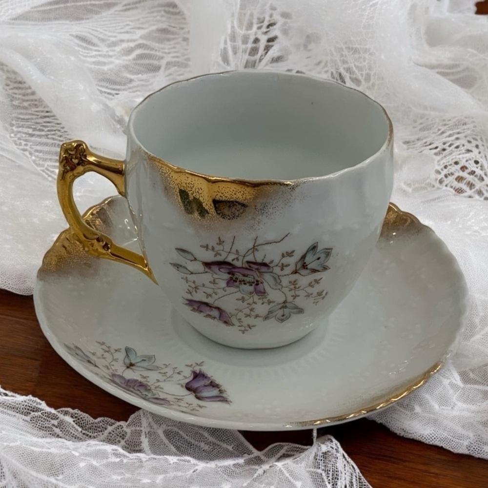 Vintage Teacup And Saucer Dresden Germany, Floral Embossed, Painted Design, Gold